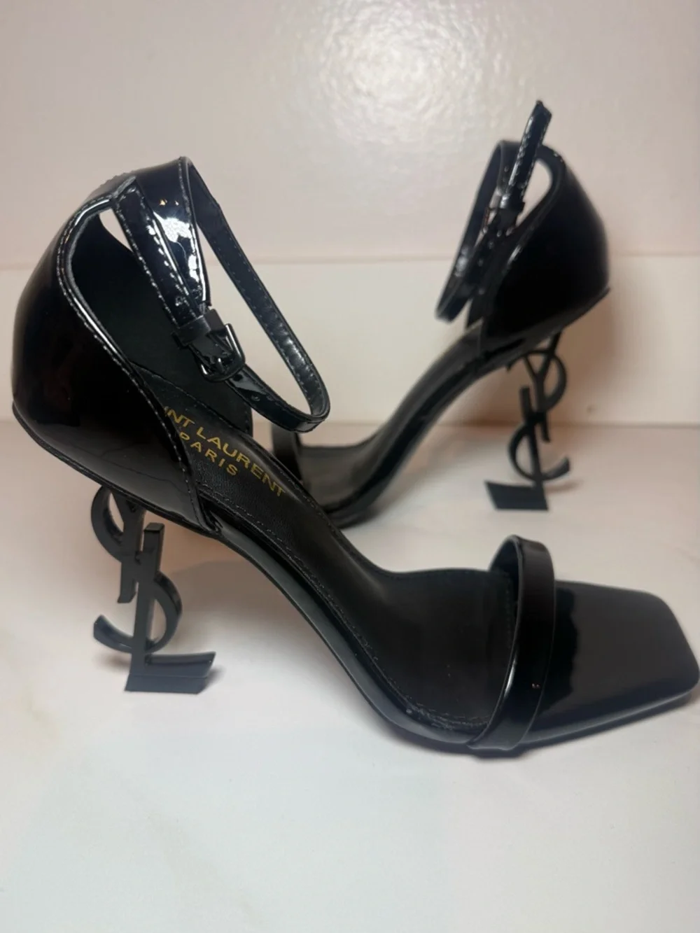 Saint Laurent Black Patent Logo-Heel Ankle-Strap Sandals - Picture 3 of 8